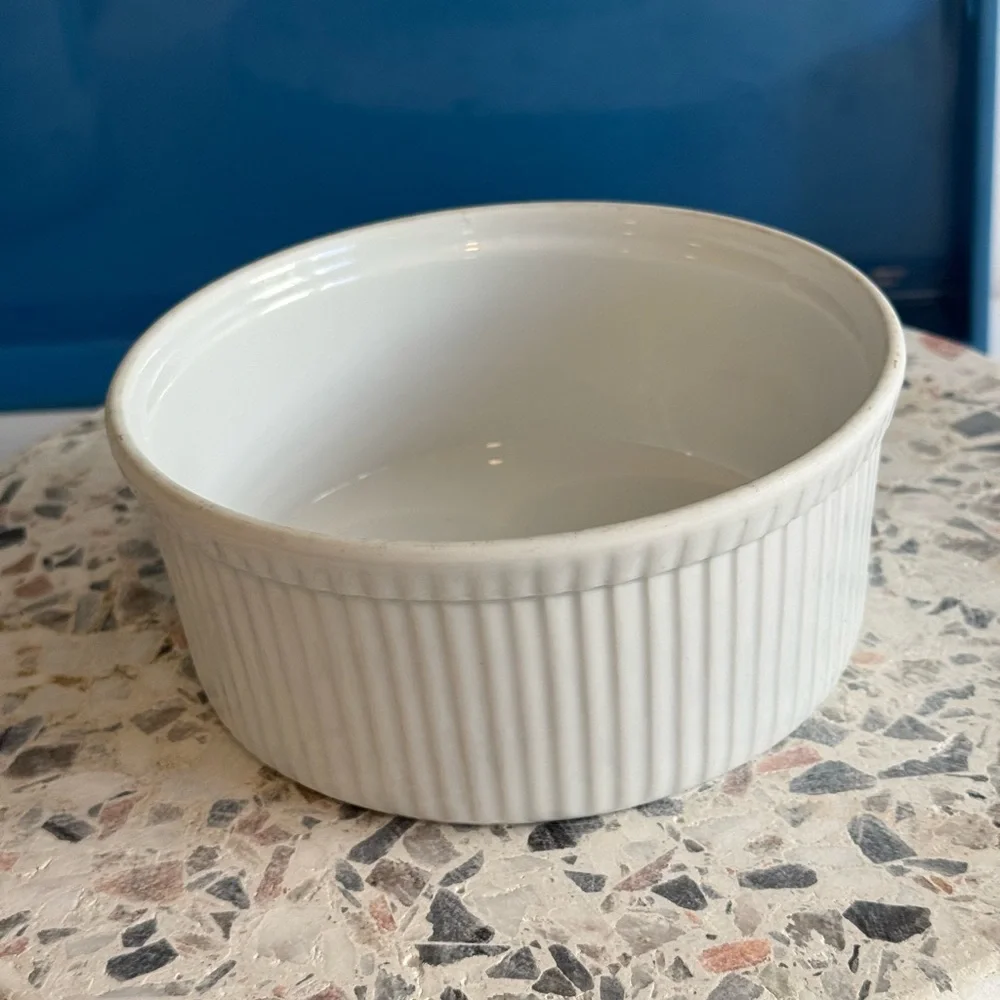 Vintage Apilco Porcelain France White Ribbed Soufflé Baking Dish Size Medium